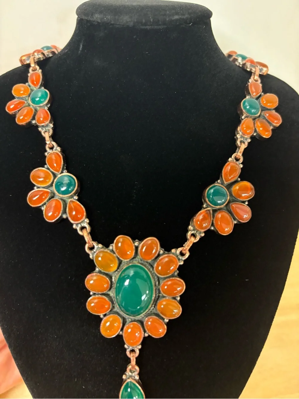 Green & Red Onyx Floral Statement Necklace - Women Jewelry